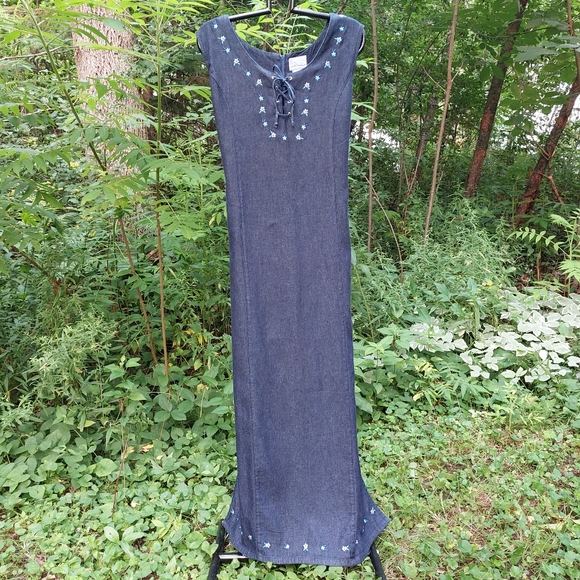 Vtg Embroidered Denim Maxi Dress Large - Picture 1 of 6